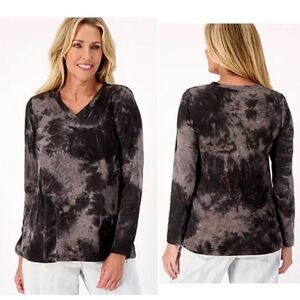 LOGO Lounge by Lori Goldstein Brushed Tie-Dye V-Neck Long Sleeve Top Pockets-XS